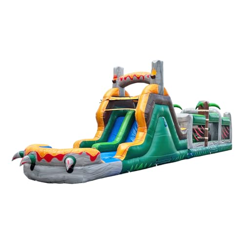 HeroKiddo 42’ x 8’x 13’ T-Rex Dinosaur Inflatable Obstacle Course with Dual Lane Water Slide, 100% Commercial Grade PVC Vinyl, Wet/Dry Fun for Kids and Adults, Large Mesh Windows for Easy Supervision